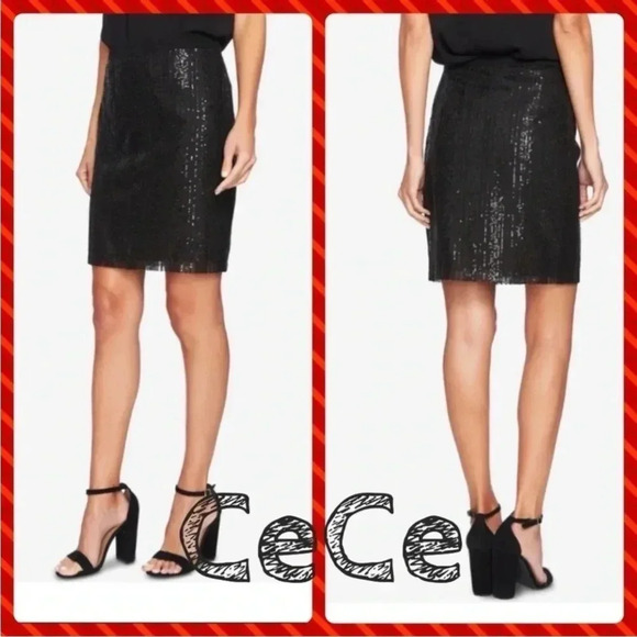 CeCe Dresses & Skirts - CECE Womens Black Knee Length sequin Pencil skirt Stripe Sequin Embellished 10